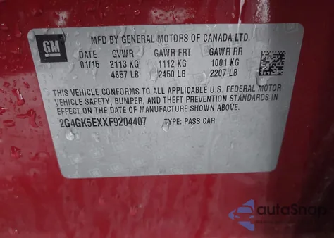 2015 Buick Regal Turbo z USA, uszkodzony, nr VIN 2G4GK5EXXF9204407